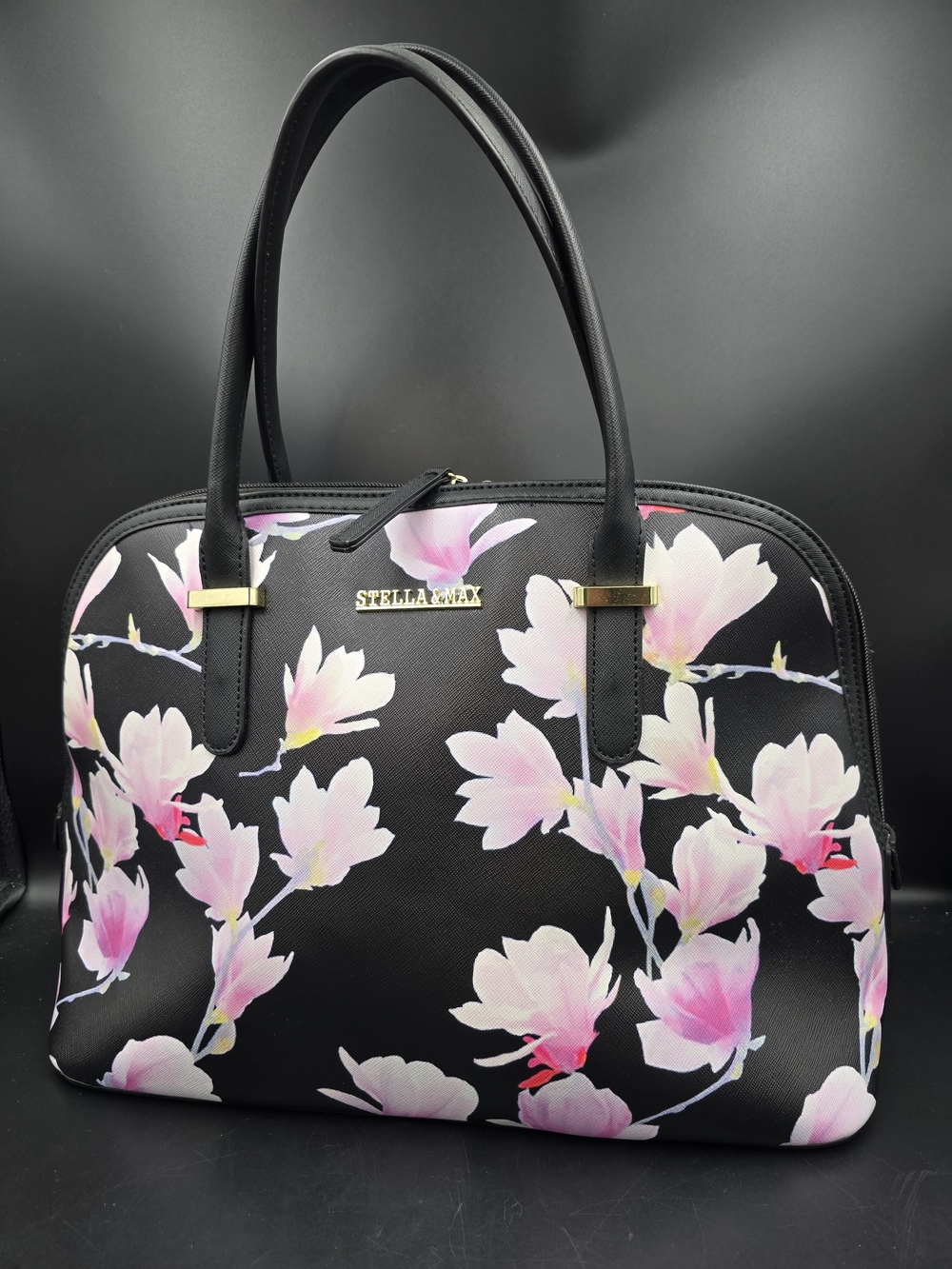 Stella & Max Black Tote with Pink and White Floral Print